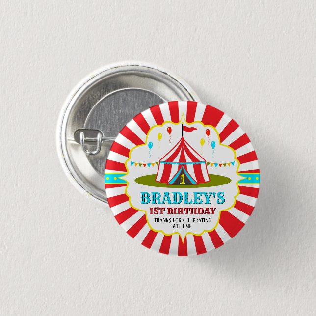 Chapa Redonda De 2,5 Cm Gran carnaval de Circo Superior Primer Cumpleaños (Anverso y reverso)