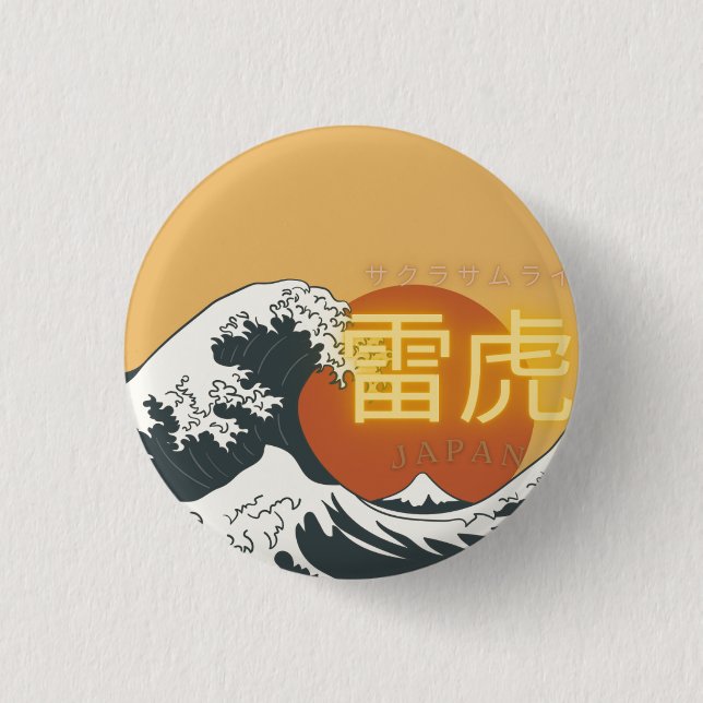 Chapa Redonda De 2,5 Cm Great Wave & Neon Kanji – Retro Japanese Fuji Des (Anverso)
