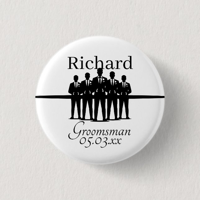 Chapa Redonda De 2,5 Cm Groomsman Squad Silhouette Wedding Party Name Date (Anverso)