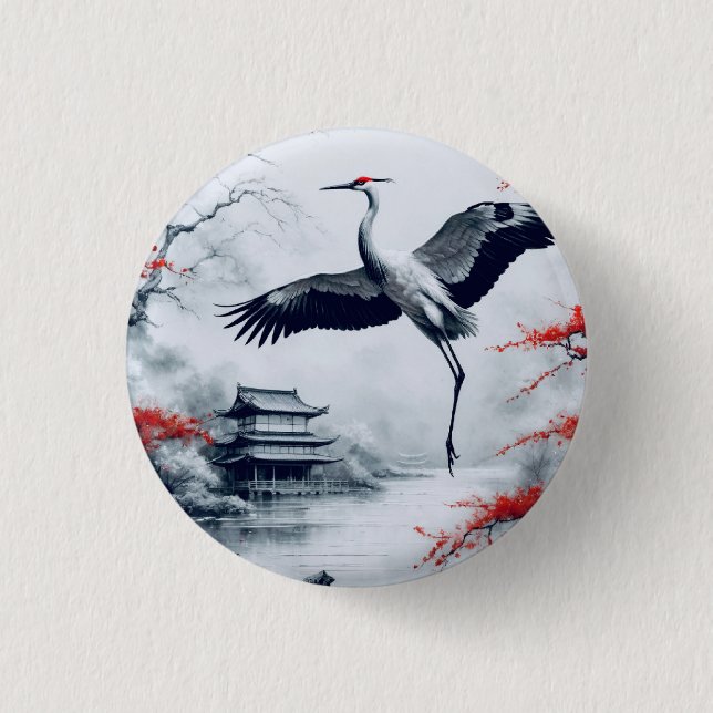 Chapa Redonda De 2,5 Cm Grúa Japonesa Elegante En Jardín Japonés (Anverso)