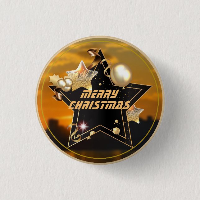 Chapa Redonda De 2,5 Cm Guay Modern Gold Black Metallics Stars Merry Xmas (Anverso)