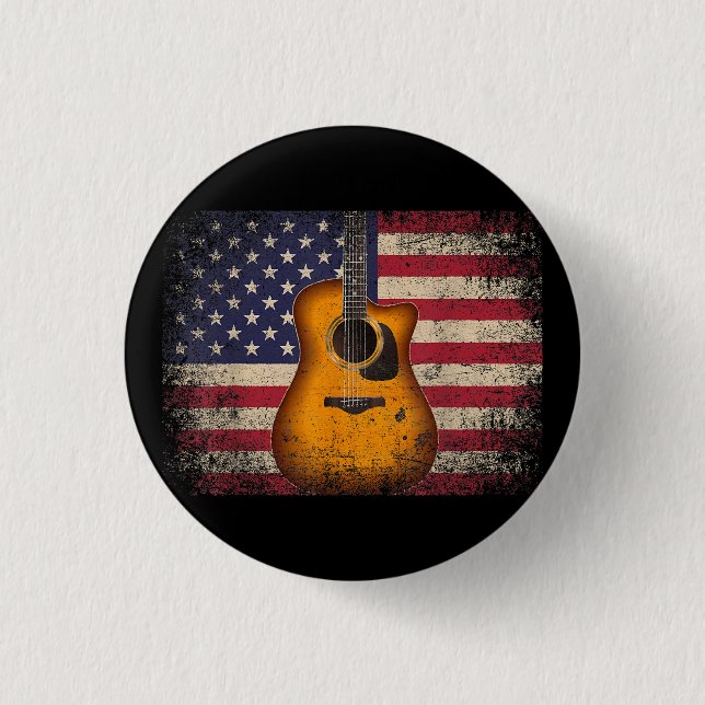 Chapa Redonda De 2,5 Cm Guitarra 4 de julio Regalo Bandera Americana USA - (Anverso)