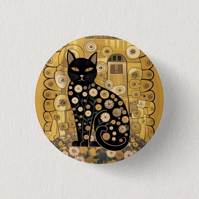Chapa Redonda De 2,5 Cm Gustav Klimt Style Black Cat Art (Anverso)