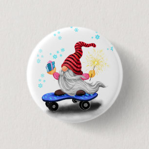 Chapa Redonda De 2,5 Cm Happy Skater Gnome with Gifts and Sparkler Button