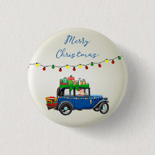 Chapa Redonda De 2,5 Cm Hermoso auto azul Christine con Santa y Regalos