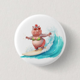 Chapa Redonda De 2,5 Cm Hipopótamo surfista con bikini de Navidad en ola g