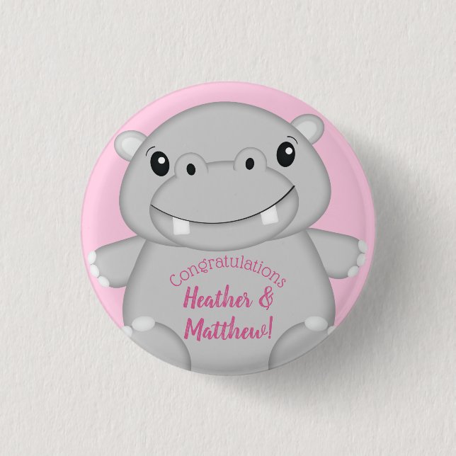 Chapa Redonda De 2,5 Cm Hippo Baby Shower Pink (Anverso)