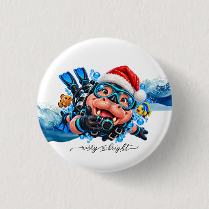Chapa Redonda De 2,5 Cm Hippo Scuba lleva sombrero de Santa para Navidad