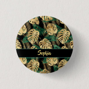 Chapa Redonda De 2,5 Cm Hojas Tropicales Doradas y Verdes, Nombre Dorado P