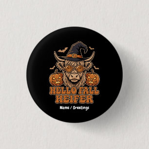 Chapa Redonda De 2,5 Cm Hola Otoño Novilla Halloween Vaca Highland Retro