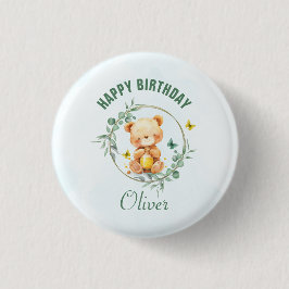 Chapa Redonda De 2,5 Cm Honey Bear Cute Greenery Boy Feliz cumpleaños