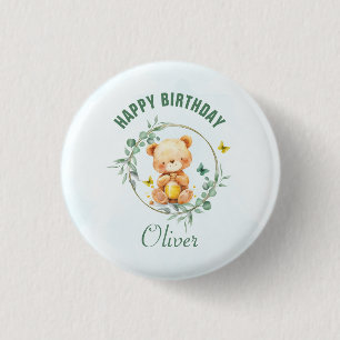 Chapa Redonda De 2,5 Cm Honey Bear Cute Greenery Boy Feliz cumpleaños
