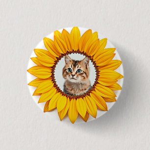 Chapa Redonda De 2,5 Cm Icono, gato en girasol