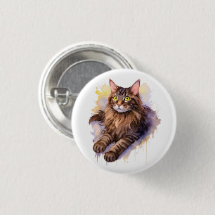 Chapa Redonda De 2,5 Cm Ilustracion acuático de gato de tabby largo y curt
