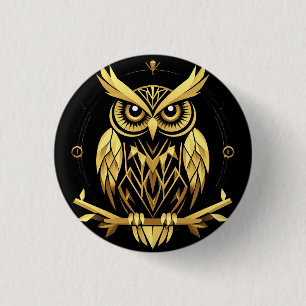 Chapa Redonda De 2,5 Cm Ilustración de búho geométrico dorado