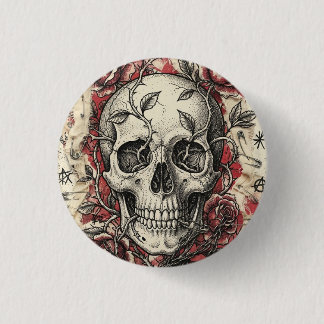 Chapa Redonda De 2,5 Cm Ilustración de Cráneo y Rosas Grunge Punk