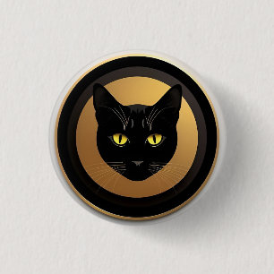Chapa Redonda De 2,5 Cm Ilustración de gato negro en círculo dorado