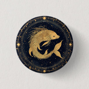 Chapa Redonda De 2,5 Cm Ilustración de Piscis del Zodiaco Dorado