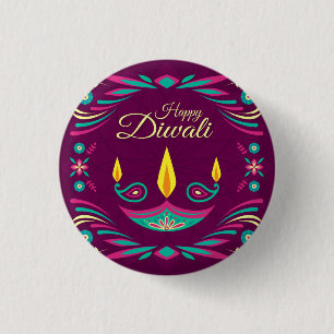 Chapa Redonda De 2,5 Cm Ilustracion púrpura feliz de la vela de Diwali