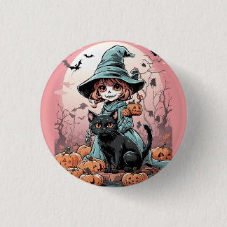 Chapa Redonda De 2,5 Cm Insígnia de bruja zombie de Halloween con gato neg