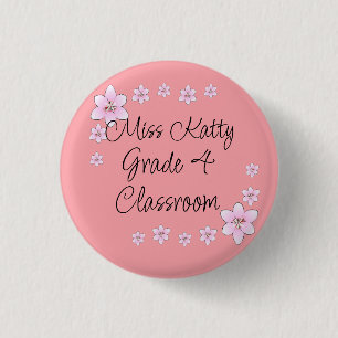 Chapa Redonda De 2,5 Cm Insignia de profesor de flores rosadas