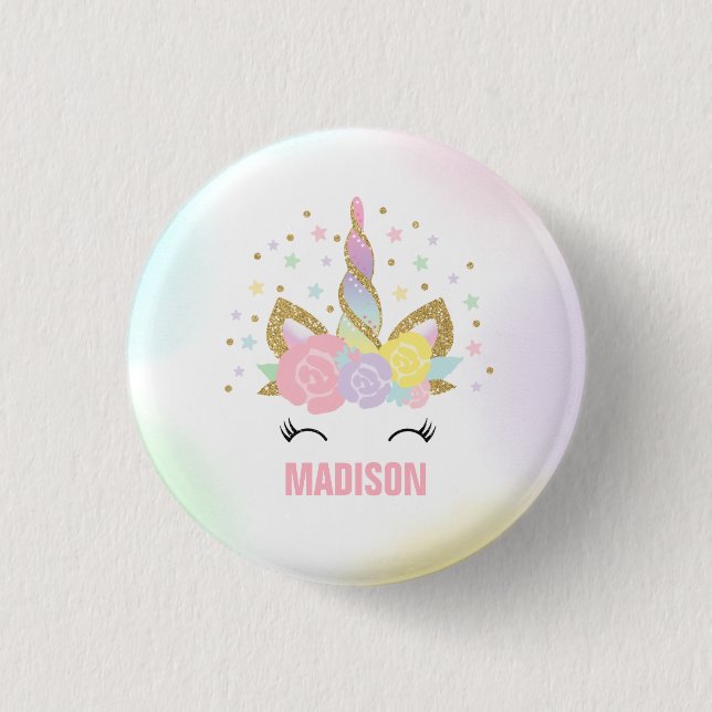 Chapa Redonda De 2,5 Cm Insignia unicornio a favor de Fiesta Pin rosa y or (Anverso)