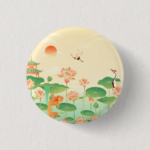 Chapa Redonda De 2,5 Cm Jardín Japonés Estanque de Koi y Nenúfares Arte