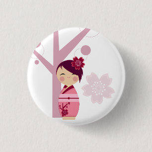 Chapa Redonda De 2,5 Cm Kokeshi Sakura y Pin del cerezo
