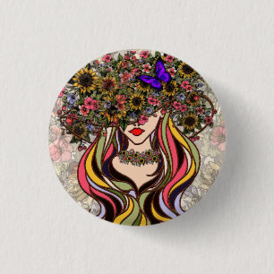 Chapa Redonda De 2,5 Cm La cara de la mujer, con flores y mariposas vomita