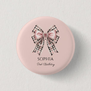 Chapa Redonda De 2,5 Cm Lazo de gingham rosa Cumpleaños personalizado nomb