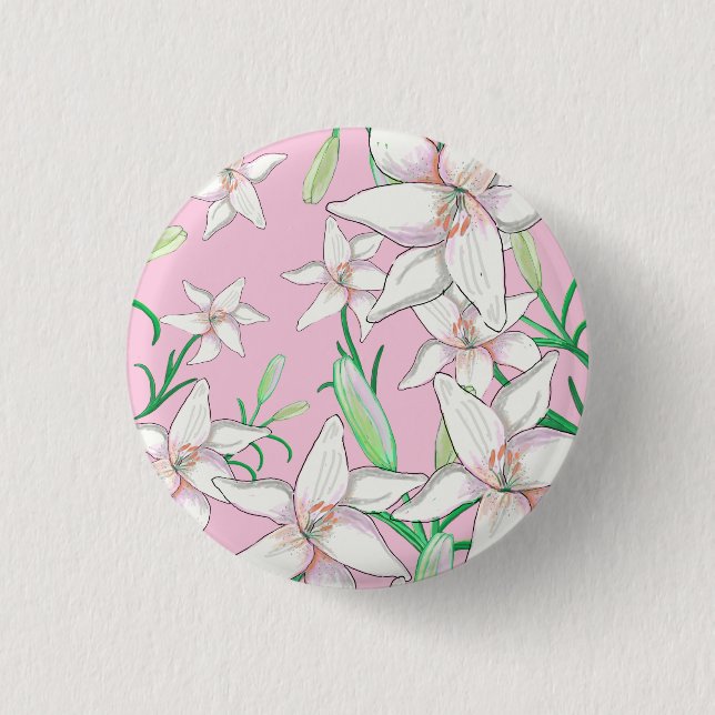 Chapa Redonda De 2,5 Cm Lillies blancos sobre el Ilustracion de fondo rosa (Anverso)