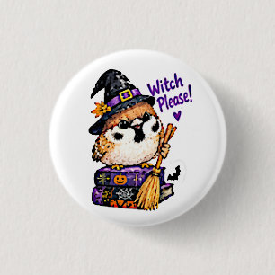 Chapa Redonda De 2,5 Cm Lindo pájaro gorrión Chibi Halloween Bruja Por fav