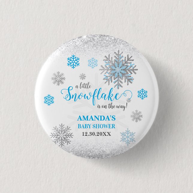 Chapa Redonda De 2,5 Cm Little Snowflake Blue Silver Glittery Baby Shower  (Anverso)