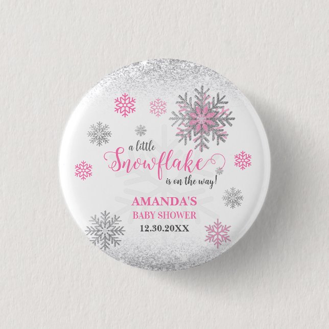 Chapa Redonda De 2,5 Cm Little Snowflake Pink Silver Glittery Baby Shower  (Anverso)