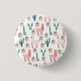 Chapa Redonda De 2,5 Cm Llamas rosadas lindas y cactus verdes