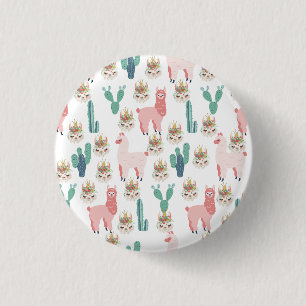 Chapa Redonda De 2,5 Cm Llamas rosadas lindas y cactus verdes