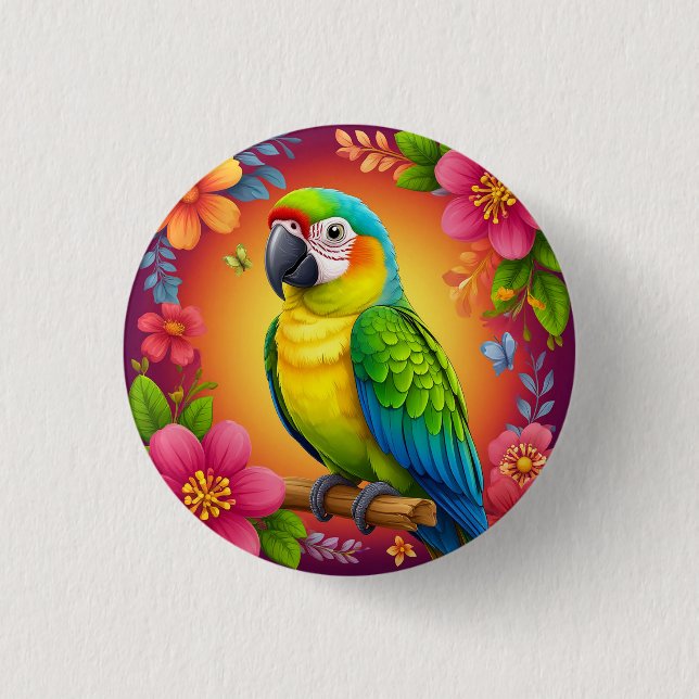 Chapa Redonda De 2,5 Cm Loro Vibrante Encaramado En Una Rama (Anverso)