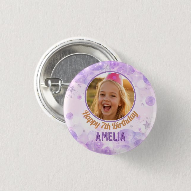 Chapa Redonda De 2,5 Cm Magical Purple Photo Happy Birthday Party  (Anverso y reverso)