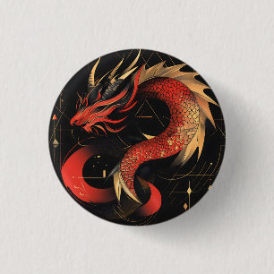 Chapa Redonda De 2,5 Cm Majestuoso Arte Dragón Chino Rojo y Oro