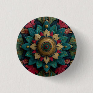Chapa Redonda De 2,5 Cm Mandalá floral texturizado intrincado en azul turq
