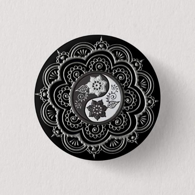 Chapa Redonda De 2,5 Cm Mandalá Plateado y Negro (Anverso)