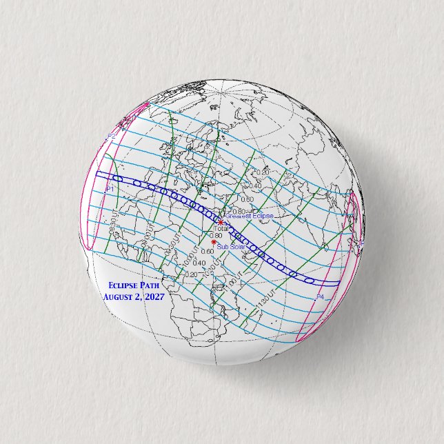 Chapa Redonda De 2,5 Cm Mapa del eclipse solar total de 2027 (Anverso)