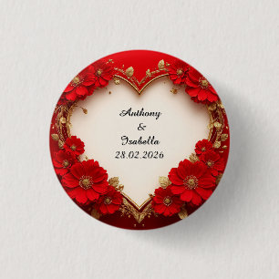 Chapa Redonda De 2,5 Cm Marco floral rojo con forma de corazón y brillo