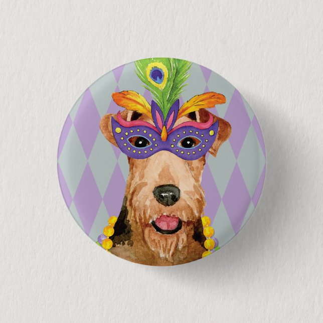 Chapa Redonda De 2,5 Cm Mardi Gras Airedale (Anverso)