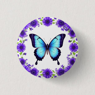 Chapa Redonda De 2,5 Cm Mariposa Azul Floral Jardín de Primavera Flores Pu