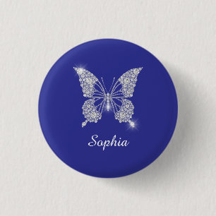 Chapa Redonda De 2,5 Cm Mariposa de Diamante Blanco, Nombre de Letra, Azul