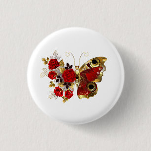 Chapa Redonda De 2,5 Cm Mariposa de flor roja con rosas rojas