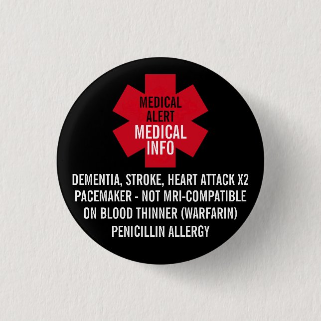 Chapa Redonda De 2,5 Cm Medical Alert Series Medical Info Personalize (Anverso)