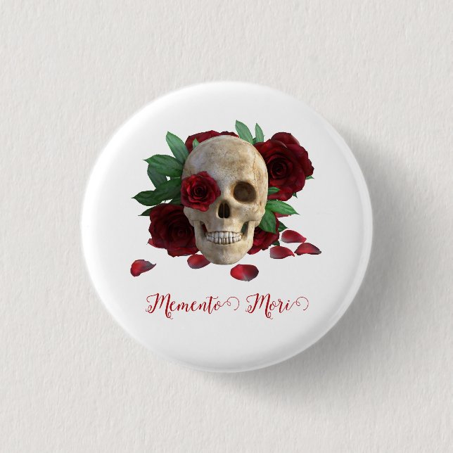 Chapa Redonda De 2,5 Cm Memento Mori. Cráneo con rosas rojas (Anverso)