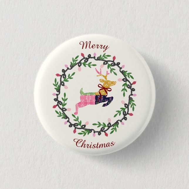 Chapa Redonda De 2,5 Cm Merry Christmas Deer with Wreath Customize (Anverso)